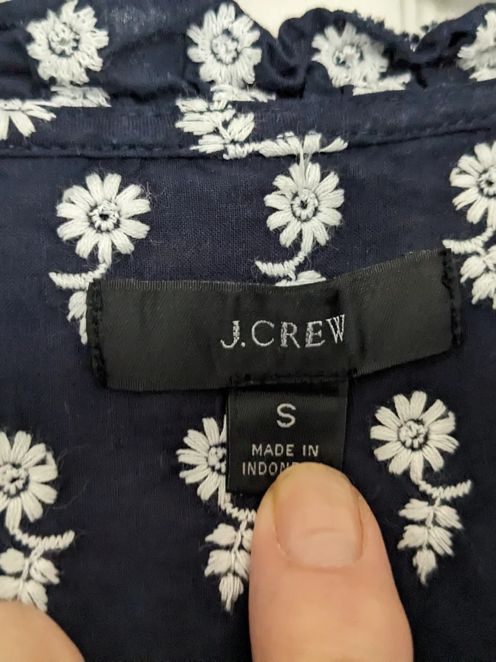 J. Crew Navy and White Floral Tie-Neck Short Sleeve Blouse